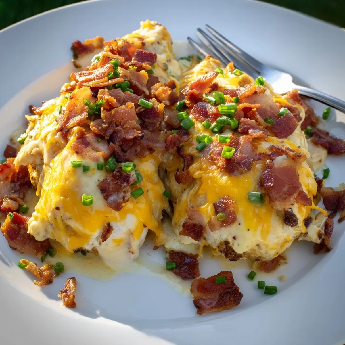 Creamy baked crack chicken topped with crunchy bacon bits and fresh chopped chives