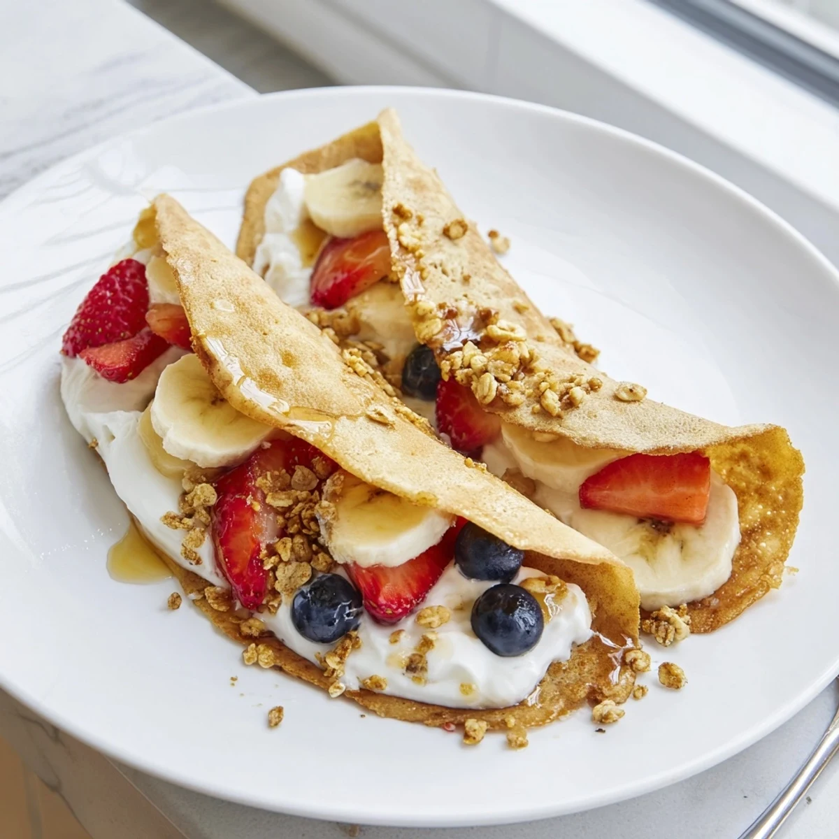 Golden pancake tacos stuffed with scrambled eggs, bacon, and melted cheddar cheese
