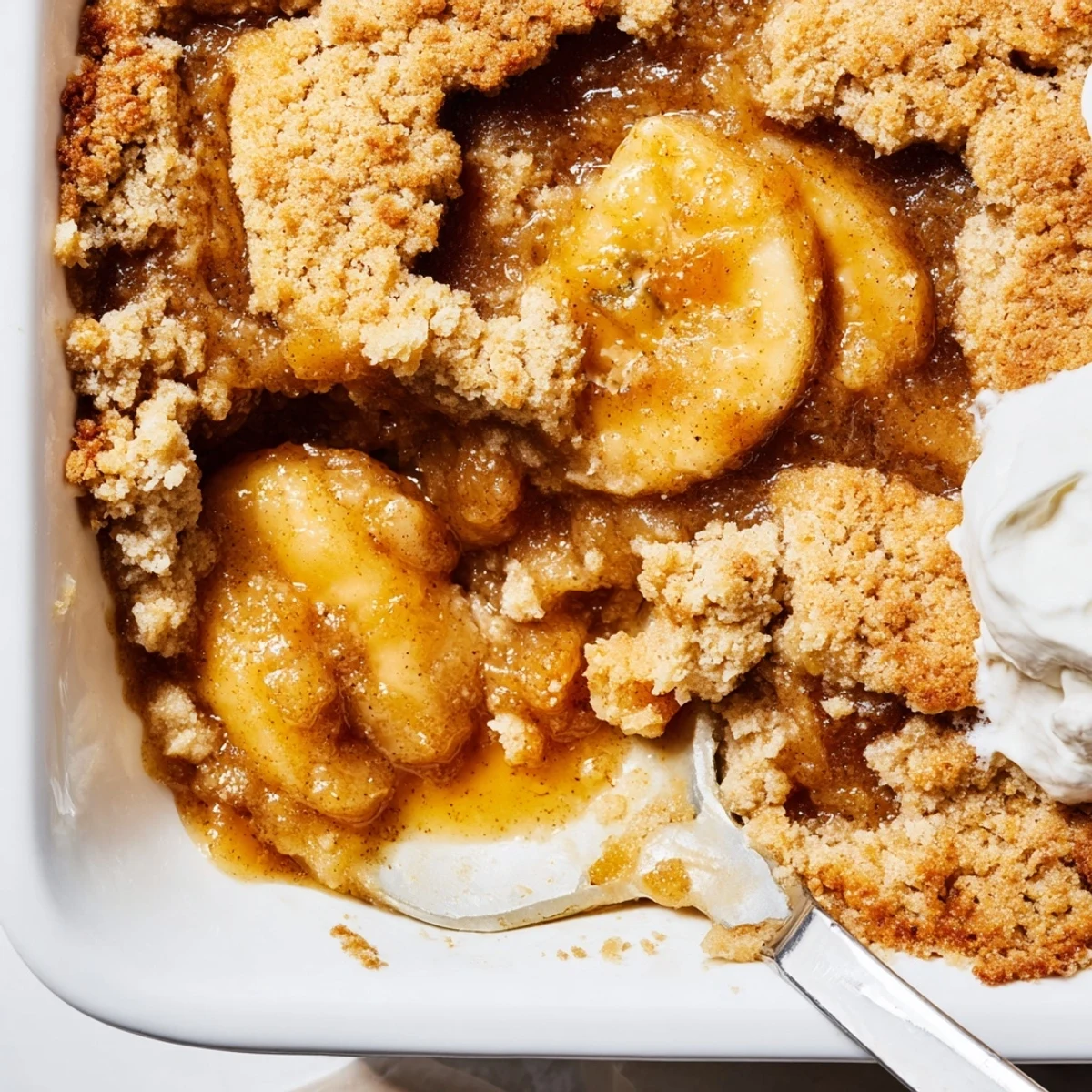 Warm Southern banana cobbler scooped into a bowl with melting vanilla ice cream