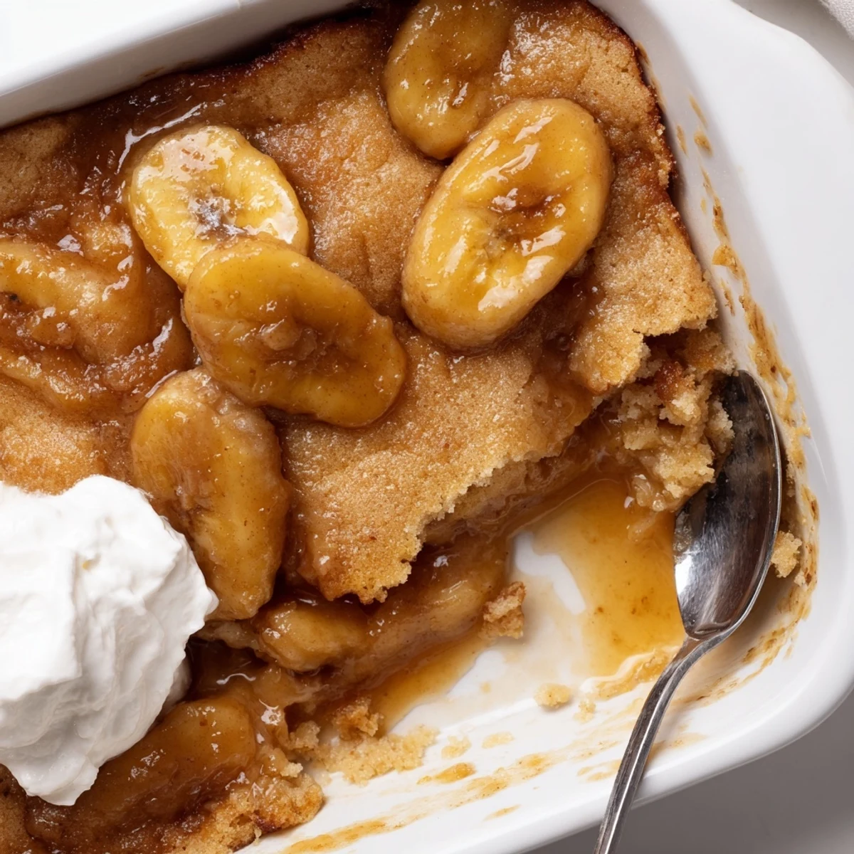 Golden Southern banana cobbler with caramelized fruit bubbling under a buttery crust