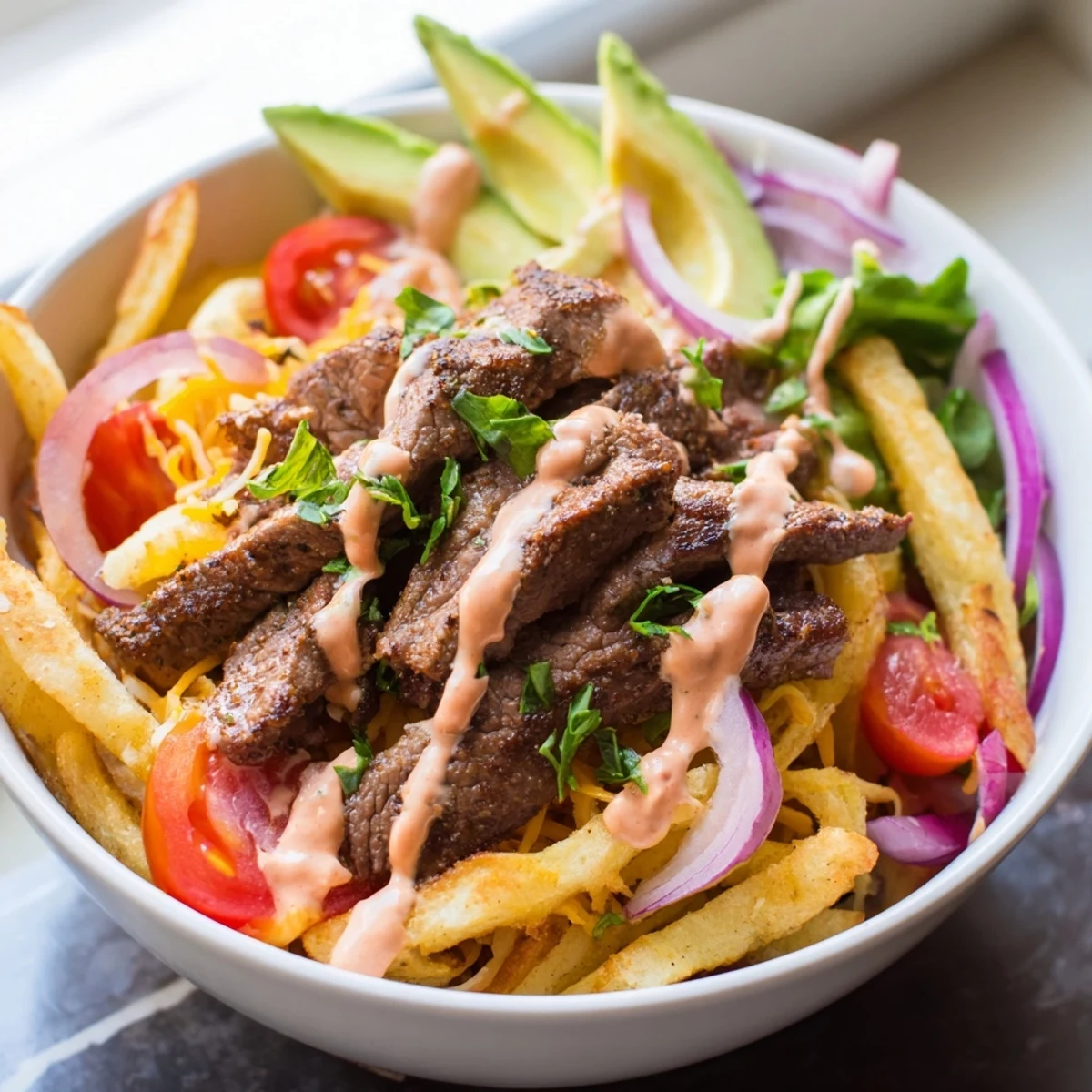 Juicy steak strips and crispy fries bowl drizzled with smoky zesty sauce