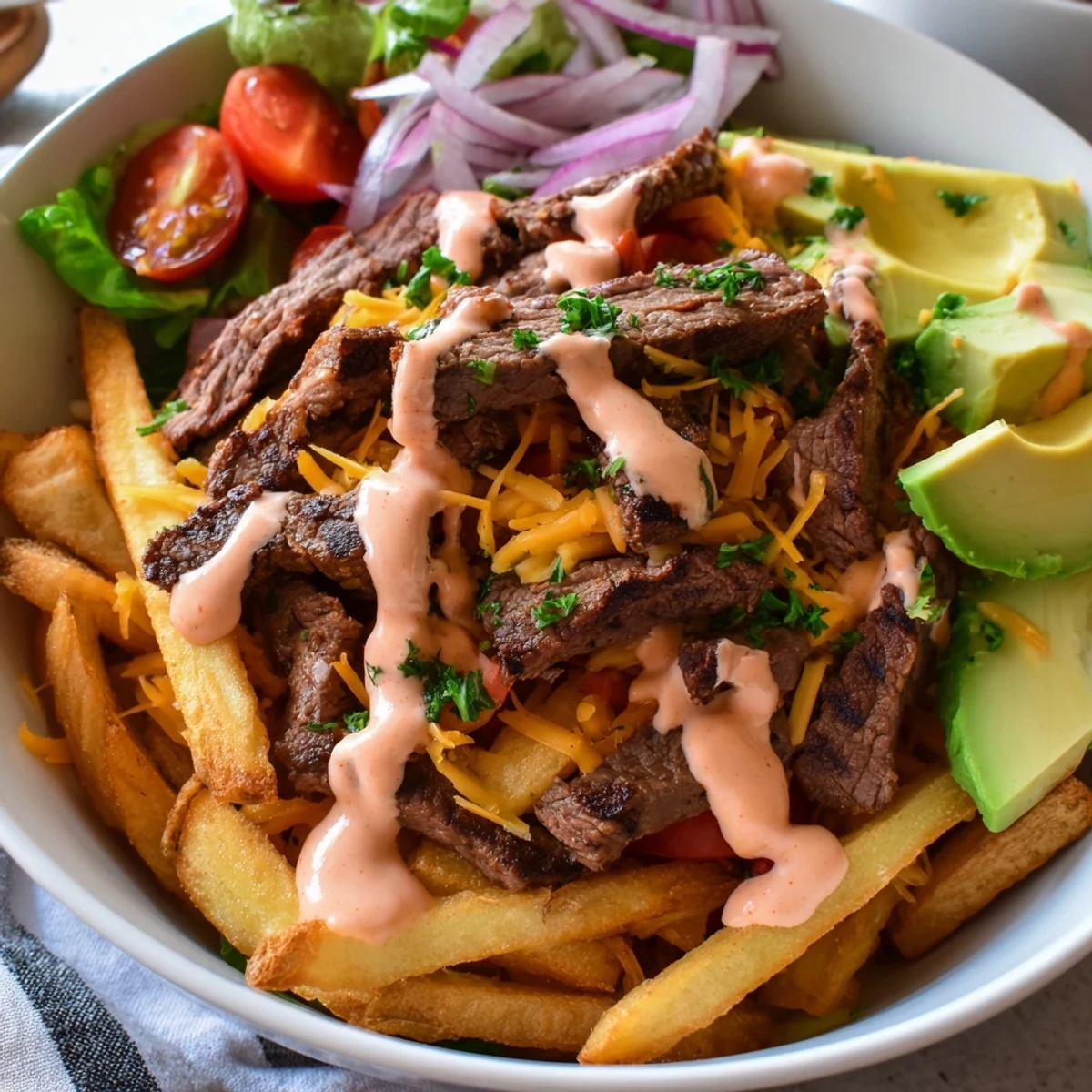 Hearty steak strips crispy fries bowl loaded with avocado tomatoes and melted cheddar
