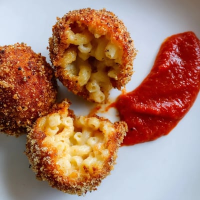 Freshly fried appetizer balls of Fried Macaroni and Cheese Balls with Marinara, revealing creamy cheddar filling and tangy red sauce for dipping on a rustic table.