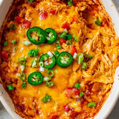 A spoon scoops creamy Chicken Enchilada Dip, revealing layers of shredded chicken and zesty red enchilada sauce.  
