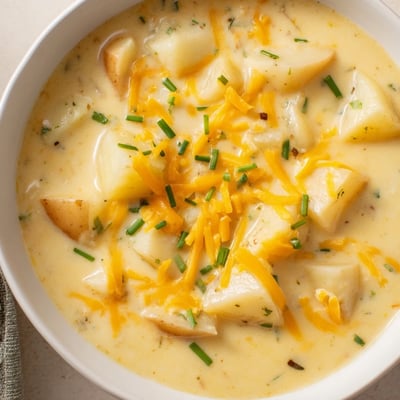 Comforting Irish Potato Soup with Cheddar and Chives in a rustic bowl, featuring creamy texture and vibrant green garnish on a wooden table.  