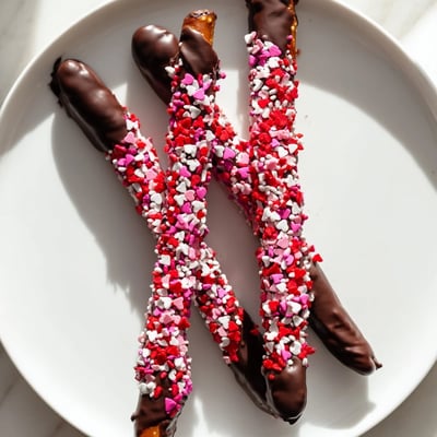 A close-up of Chocolate Dipped Pretzels with Valentine Sprinkles, showing smooth chocolate coating and crunchy pretzel ends for a satisfying snack.