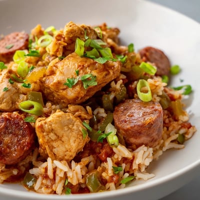 A generous serving of Jambalaya with Chicken and Turkey Andouille Sausage, garnished with fresh green onions and parsley, rests beside a cold beverage for a hearty Southern family meal.