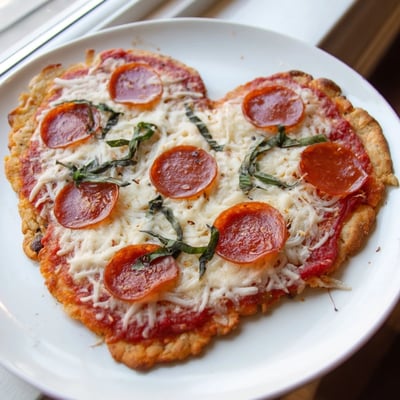 A close-up of a homemade Heart Shaped Beef Pepperoni Pizza, showcasing crispy crust, savory beef pepperoni, and vibrant green basil garnish.  