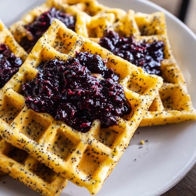 Crispy Lemon Poppy Seed Waffles drizzled with warm blueberry syrup beside fresh berries and lemon zest.