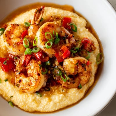 Steam rises from a hearty bowl of cheesy grits loaded with succulent Cajun shrimp, green onions, and a rich, buttery pan sauce.  