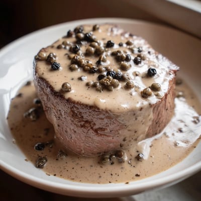 Sizzling beef tenderloin in skillet beside creamy peppercorn sauce, ideal for a restaurant-style French dinner.  