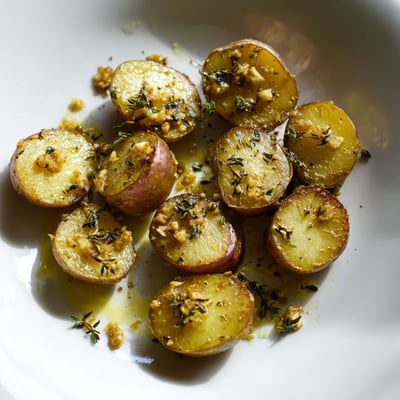 Freshly roasted radishes with minced garlic and thyme leaves, glistening with olive oil in warm light.  