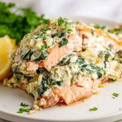 A close-up of Creamy Spinach and Artichoke Stuffed Salmon reveals the rich, cheesy filling inside flaky, perfectly cooked fish.