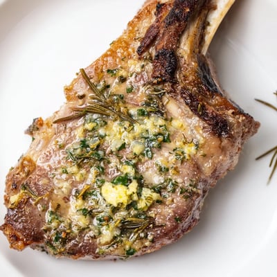 The recipe yields succulent Air Fryer Lamb Chops with Garlic Butter, served hot and garnished with aromatic herbs.