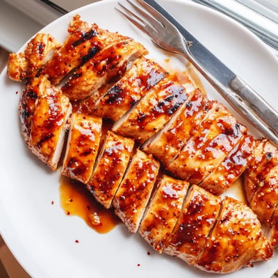Tender Coca Cola glazed chicken breast sliced open revealing steamy moist meat
