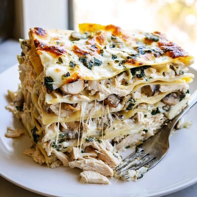 Creamy white chicken lasagna slice served on a plate with bubbling cheese