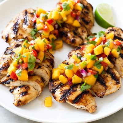 Golden grilled honey lime chicken topped with colorful tropical mango salsa