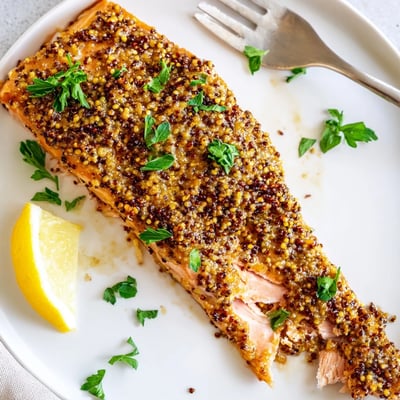 Juicy baked honey mustard salmon on parchment with caramelized crust and lemon wedges