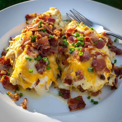 Creamy baked crack chicken topped with crunchy bacon bits and fresh chopped chives