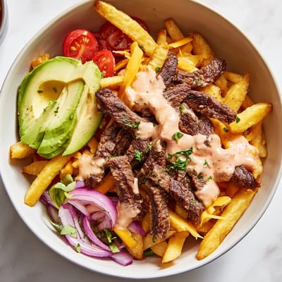 Crispy golden fries topped with tender seared steak strips and fresh vegetables